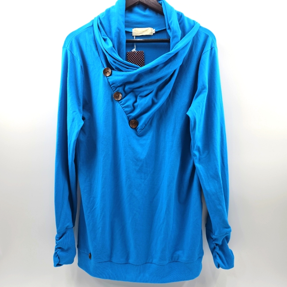 Merry Fun Large Blue Accented Cowl Neck Long Sleeve Polyester Blend Fashion Top